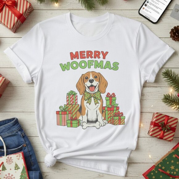 Merry Woofmas Graphic Tee Cute Dog Holiday T-Shirt Gift for Mom Funny Shirt - Picture 3 of 6